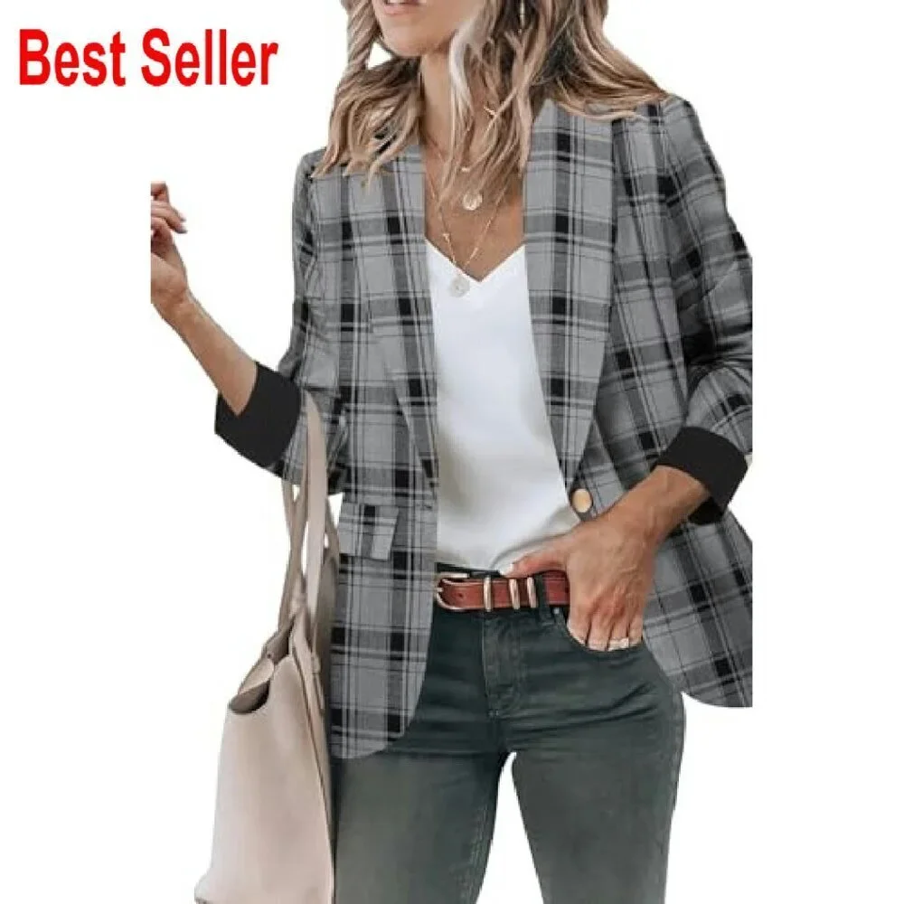 Open Front Blazer Jacket Classic Work Office Casual Long Sleeve with Pockets